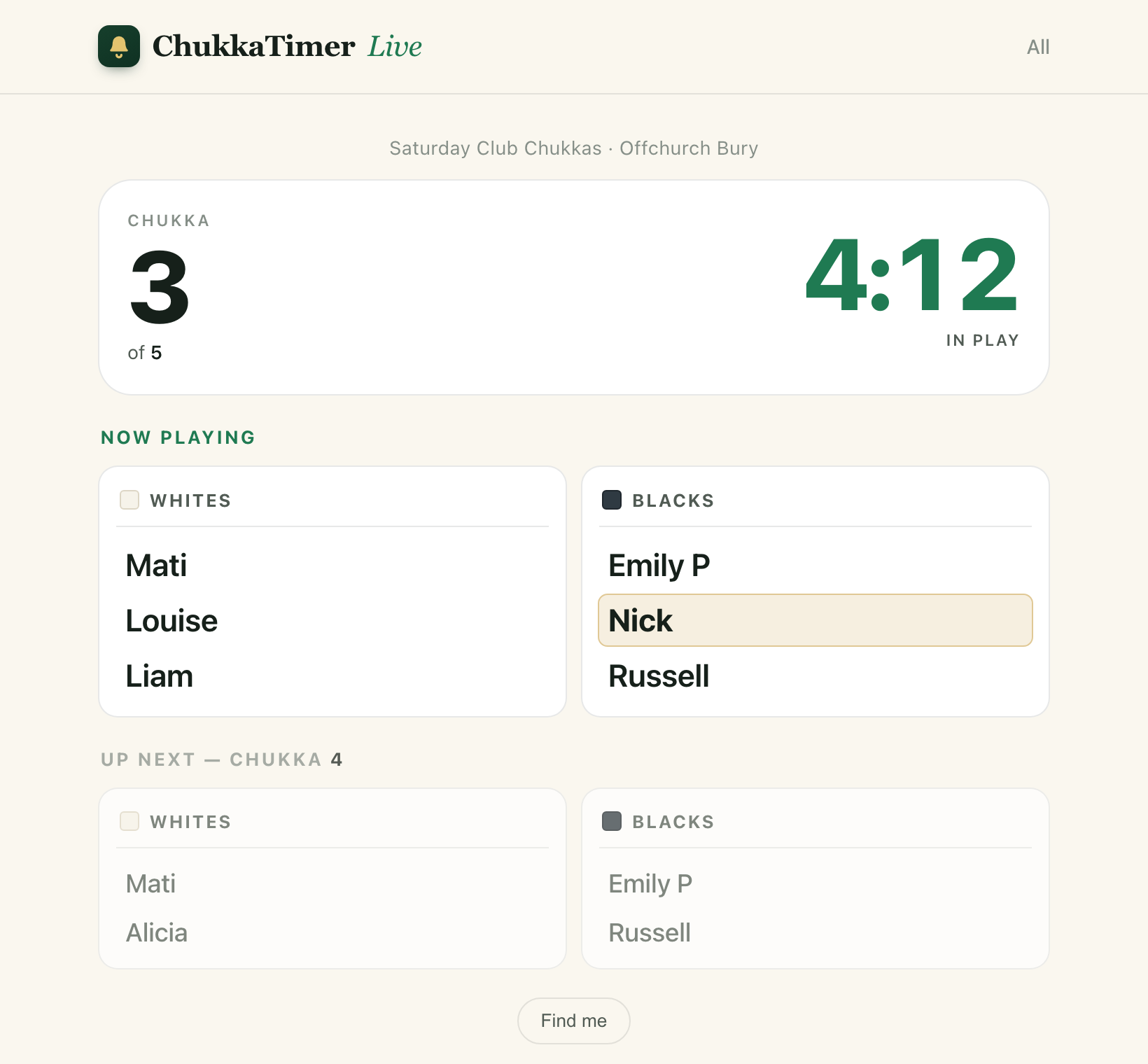 ChukkaTimer club chukkas live board in a browser: the current chukka and timer, with the Whites and Blacks line-ups for now and up next